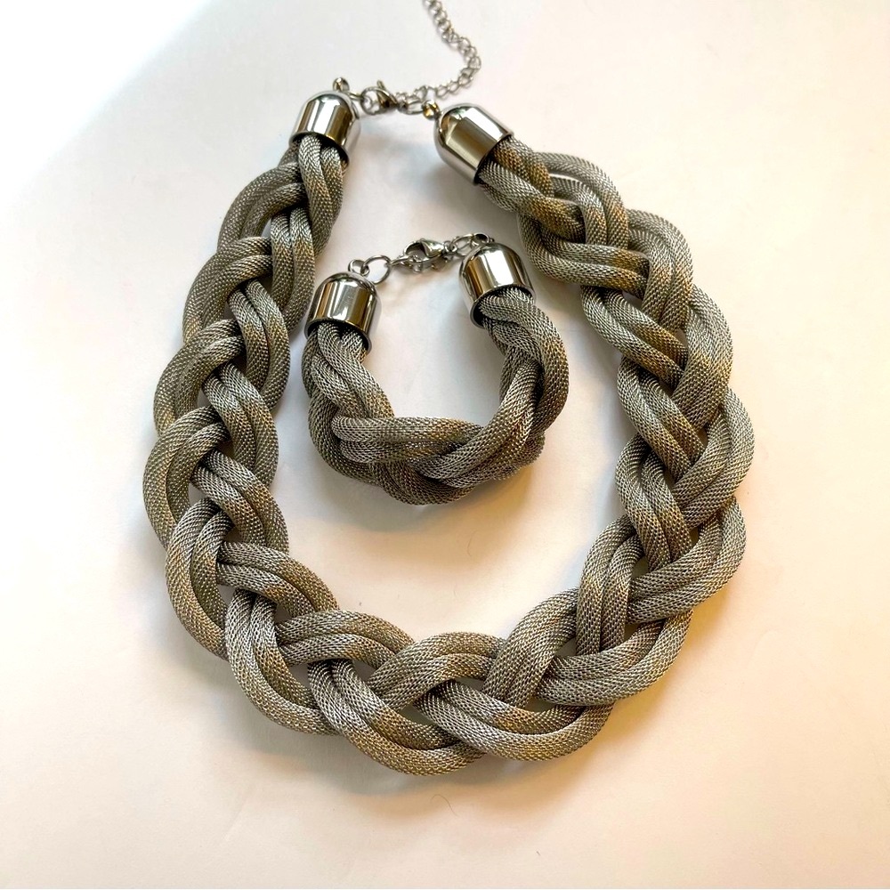 Stately Steel woven braided mesh collar necklace and bracelet set